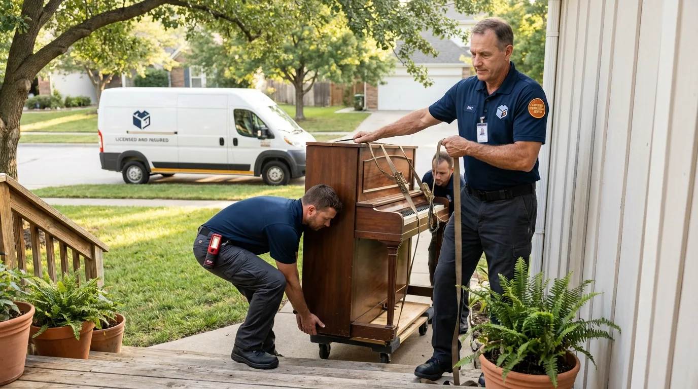 Licensed piano movers securing grand piano in Owings Mills, MD