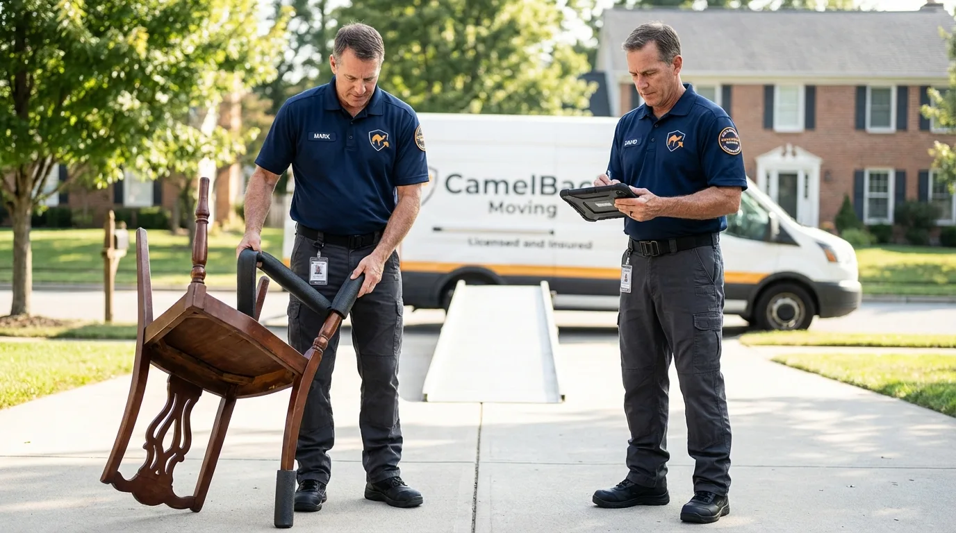 Movers inspecting furniture for damage prevention before loading in Owings Mills, MD