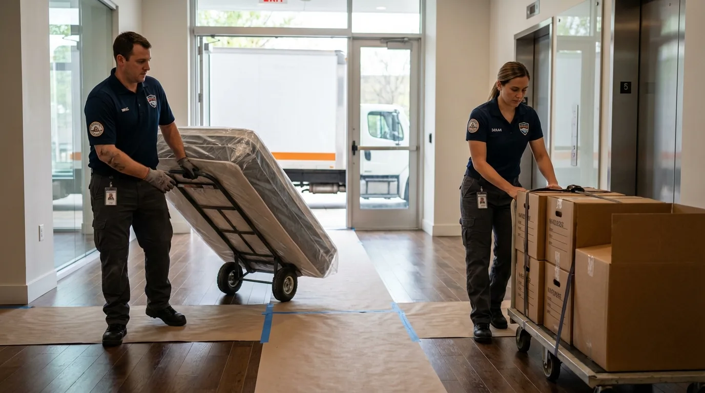 Professional apartment movers loading elevator in Owings Mills, MD