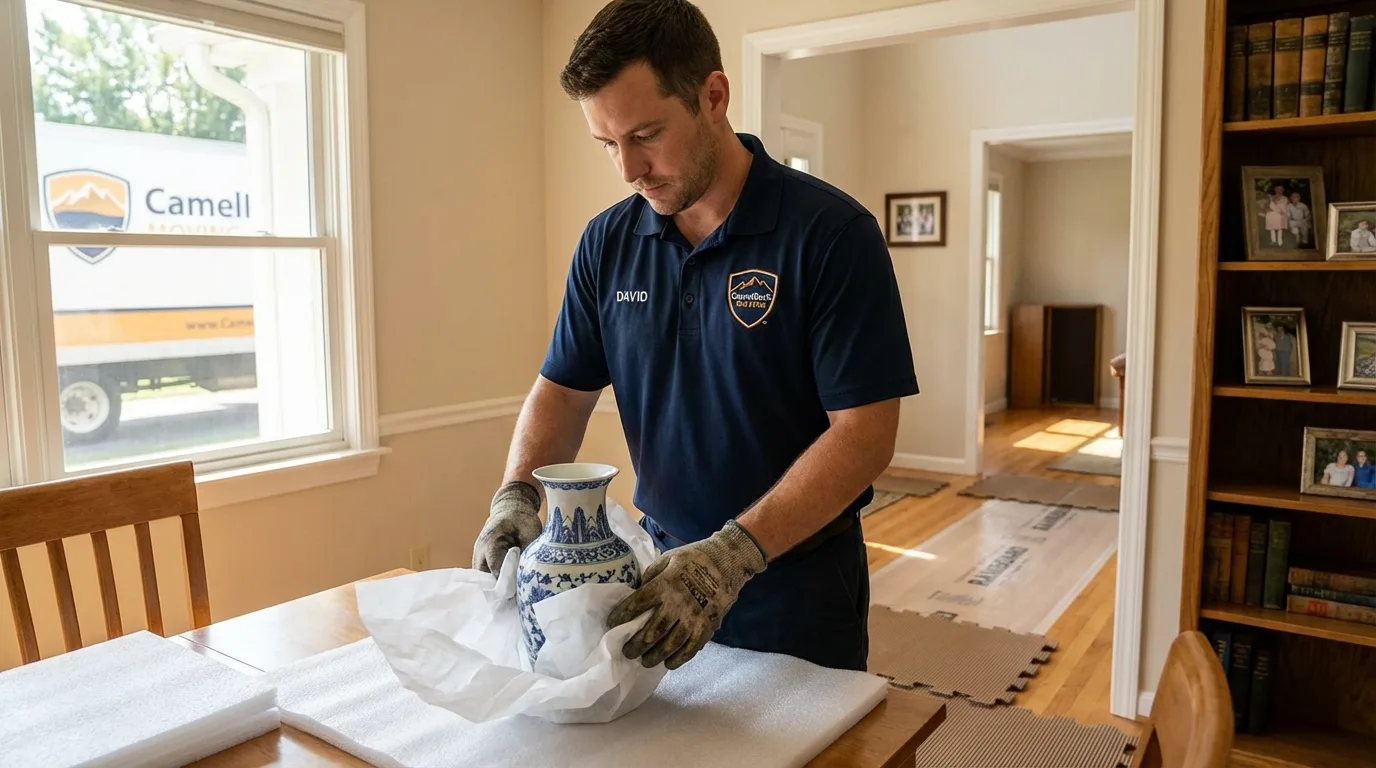 Professional crew carefully wrapping antique vase for senior downsizing move in Owings Mills, MD