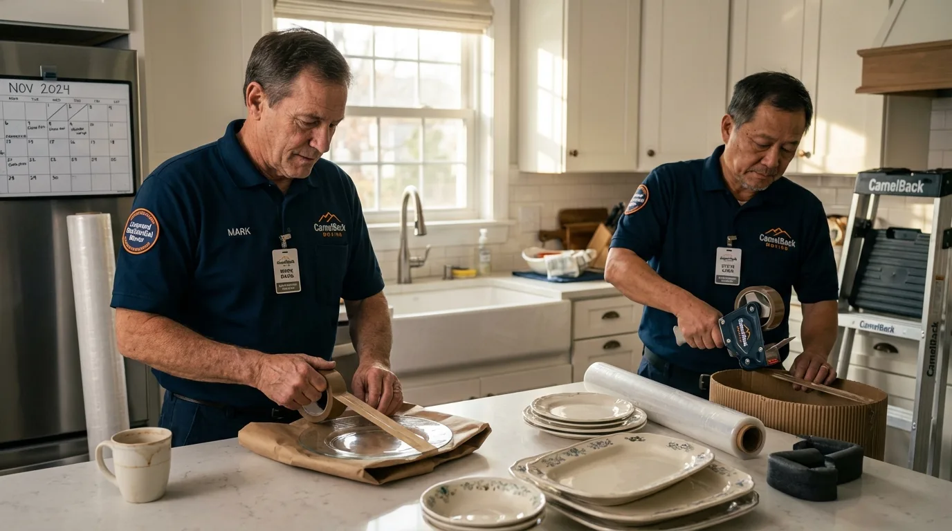 Professional crew packing kitchen dishware in Owings Mills, MD